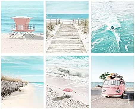 Coastal Wall Art Beach Prints Decor Set of 6 Summer Seascape Theme Pictures Boardwalk, Beach Chair,  | Amazon (US)