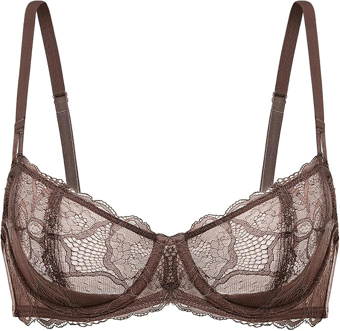 DOBREVA Women's Balconette Push Up Bra Sexy Lace Plus Size Unlined Sheer Underwire | Amazon (US)