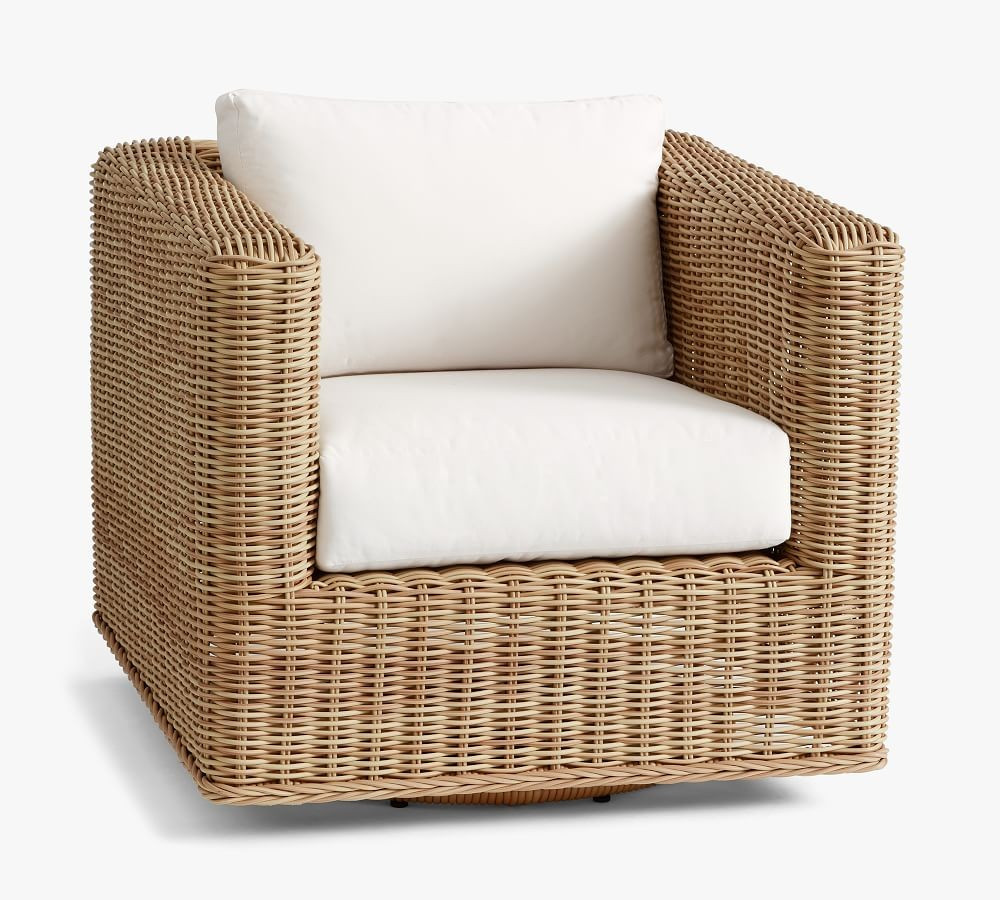 Huntington All-Weather Wicker Square Arm Swivel Lounge Chair with Cushion, Natural | Pottery Barn (US)