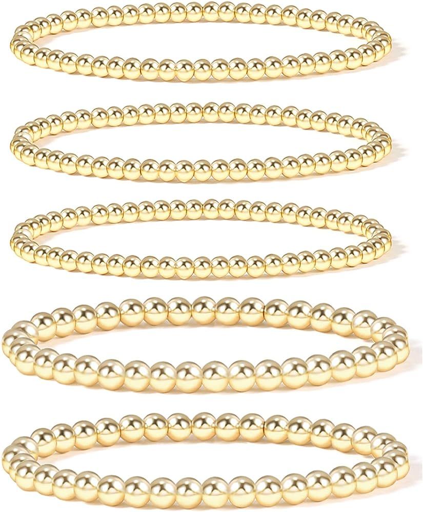 Gold Bead Bracelet for Women,14K Gold Plated Bead Ball Bracelet Stretchable Elastic Bracelet | Amazon (US)