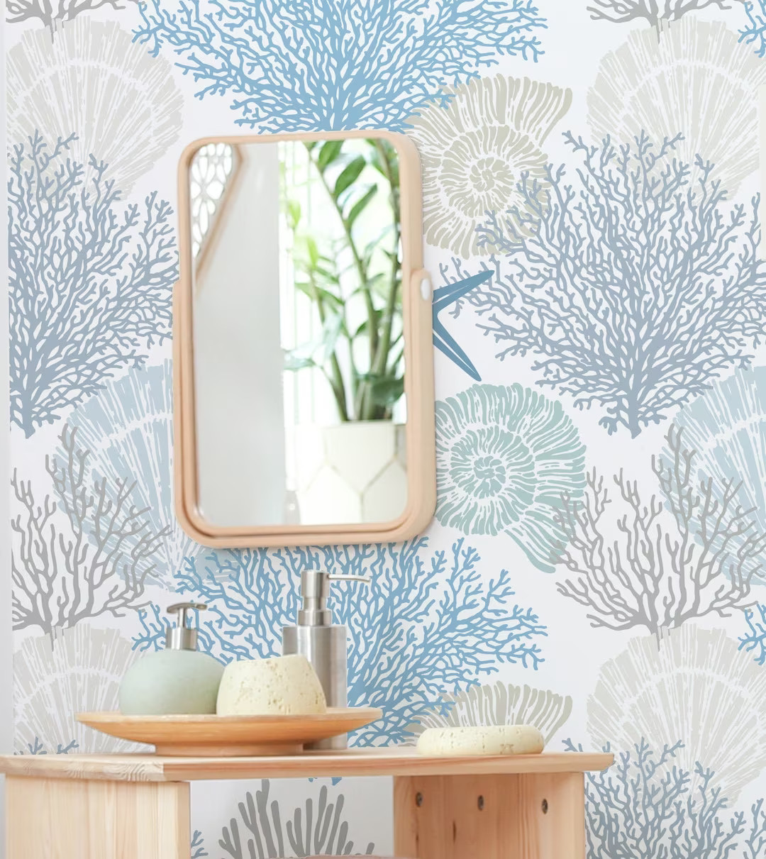 Coral Seashells Starfish Custom Color Wallpaper - Seashells Corals and Starfish Peel and Stick Re... | Etsy (US)