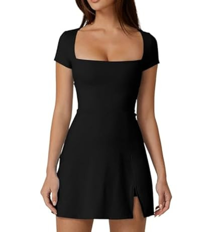 QINSEN Women's Sweettheart Neckline Long Sleeve Dress Side Slit Stretch Flare Mini Dress | Amazon (US)