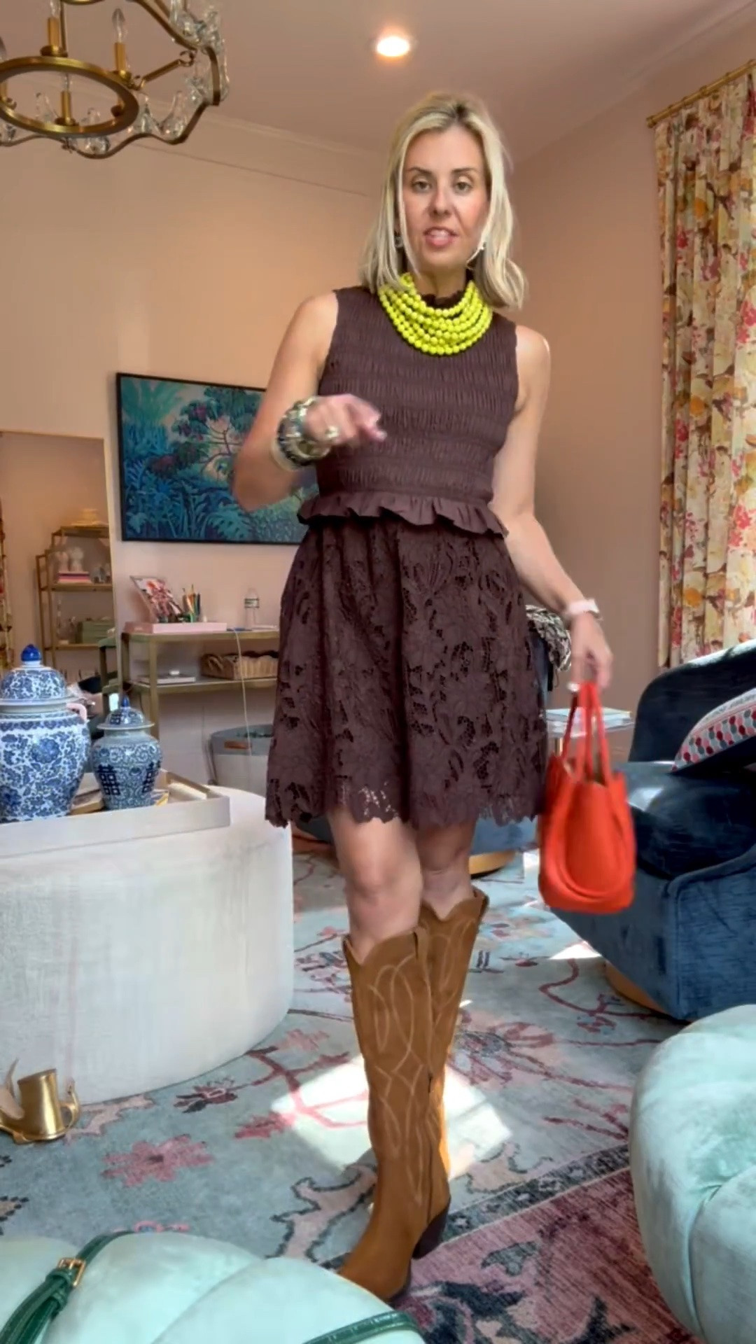 Obsession worthy!! The chocolate brown with a pop of color is such a yes! 
Dress - xs 
Boots - 8 shade cognac suede

*Code Catherine20 at Allie + Bess

#LTKdayinmylife #LTKootd #LTKmomlife