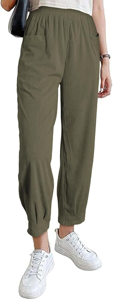 EVALESS Corduroy Pants for Women High Waisted Tapered Work Pull On Ankle Cropped Slacks Trousers ... | Amazon (US)