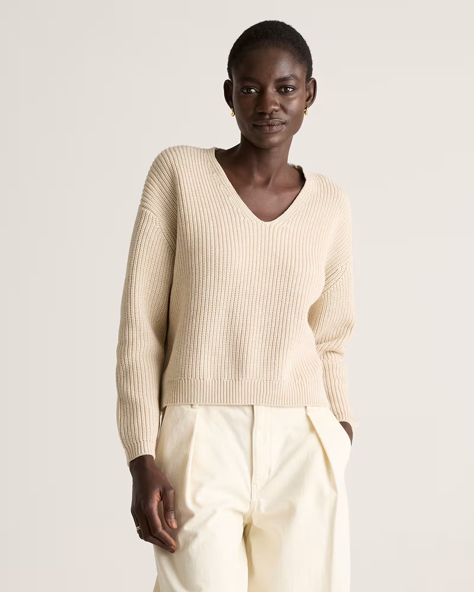 100% Organic Cotton Fisherman V-Neck Sweater | Quince