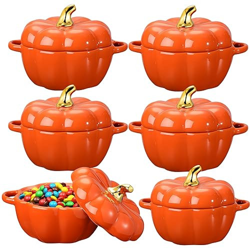 Yaomiao 6 Pcs Pumpkin Ceramic Bowl 15 oz Pumpkin Soup Bowl Pumpkin Shape Storage Jar with Lid and Handles for Home Halloween Party Kitchen Tableware(Orange) | Amazon (US)