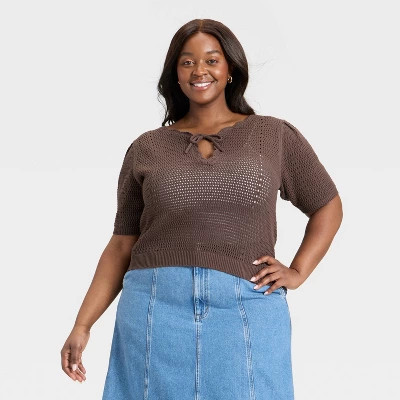 Women's Short Sleeve V-Neck Pullover Sweater - Universal Thread™ Brown 4X | Target