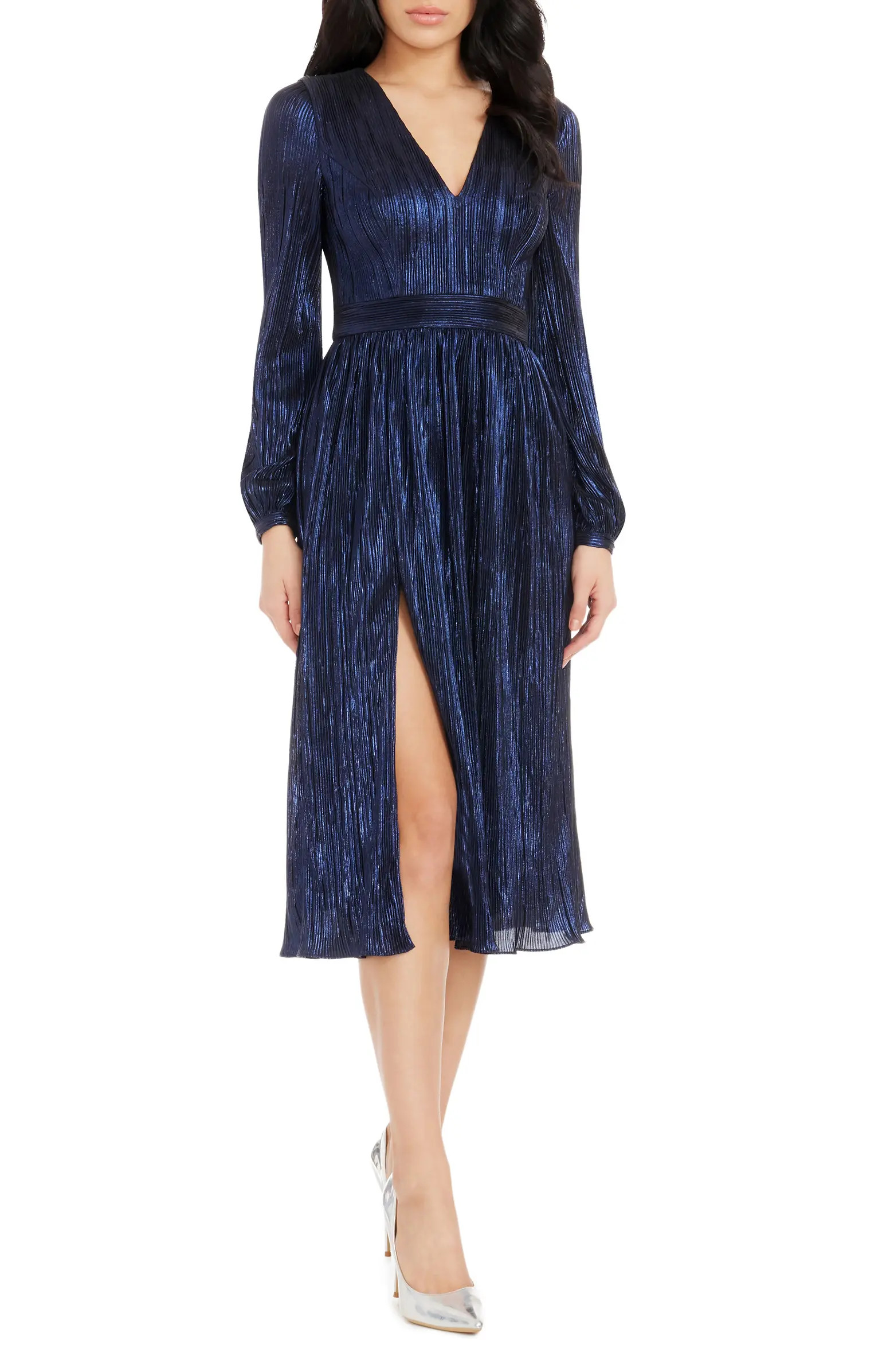 Holly Long Sleeve Metallic Plissé Dress | Nordstrom
