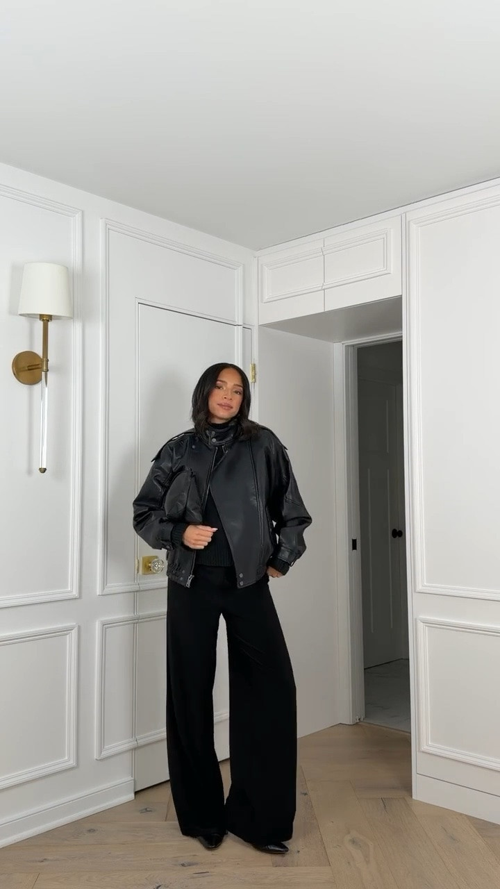 Back in Stock!!! 🖤 This faux leather jacket is restocked!! Looks $$$ but it’s under $150 👏🏽 tons of compliments on this! Wearing size M sweater, size S leather jacket and size M wide leg pants 

fall outfit, fall fashion, fall outfits women, date night outfit, dinner outfit

#LTKSeasonal #LTKootd