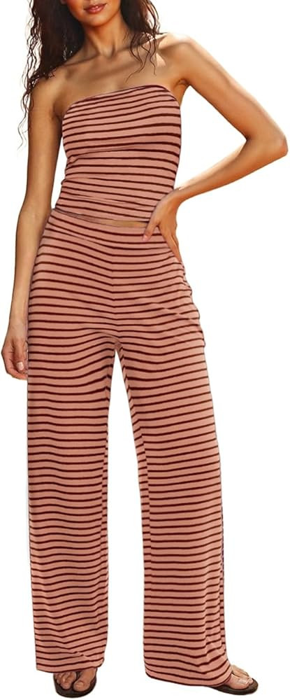 UNCOOYEE Two Piece Sets For Women Summer Outfits Lounge Sets Striped Tube Top And Pants Matching ... | Amazon (US)