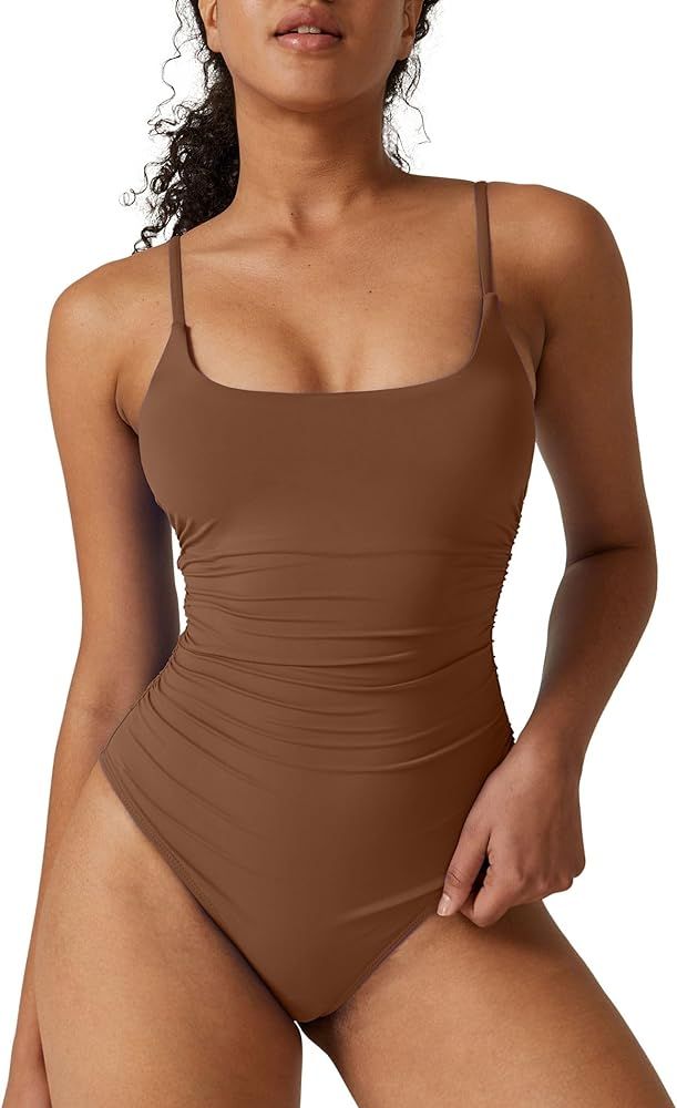 ESONLAR Women's Sexy Ruched Side One Piece Bathing Suit Scoop Neck Spaghetti Strap Swimsuits | Amazon (US)