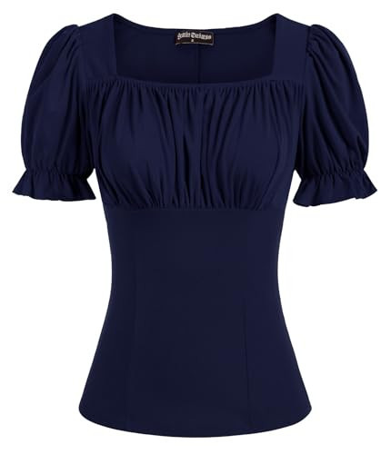 Women Square Neck Shirt Lantern Short Sleeves Renaissance Peasant Blouse Navy L | Amazon (US)