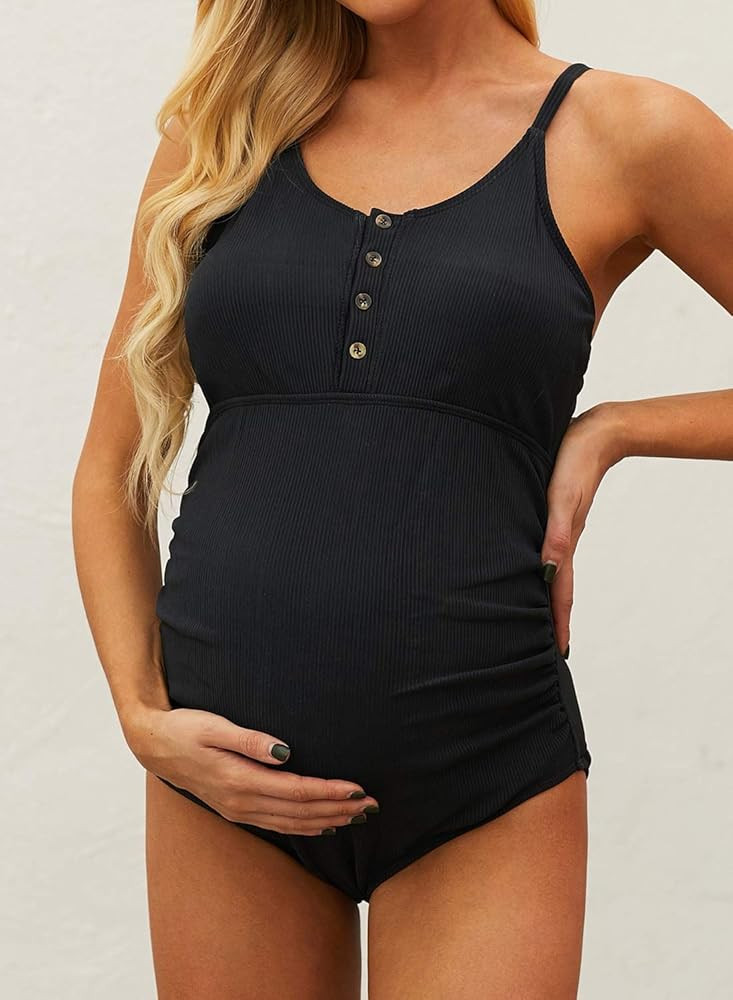 Diukia Women's One Piece Maternity Swimsuit Ribbed Button Front Spaghetti Strap Ruched Swimwear Bath | Amazon (US)