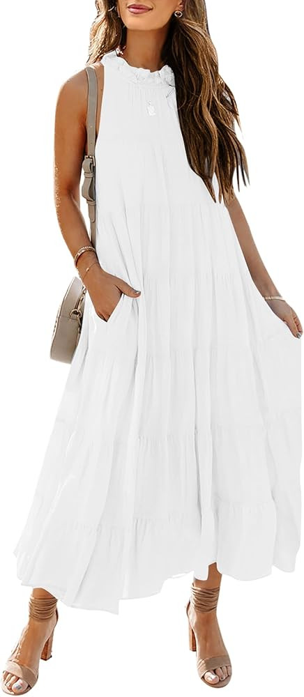 HAEOF Women's Summer Sleeveless Halter Midi Maxi Dress Casual Pleated Tiered Flowy Beach Vacation... | Amazon (US)