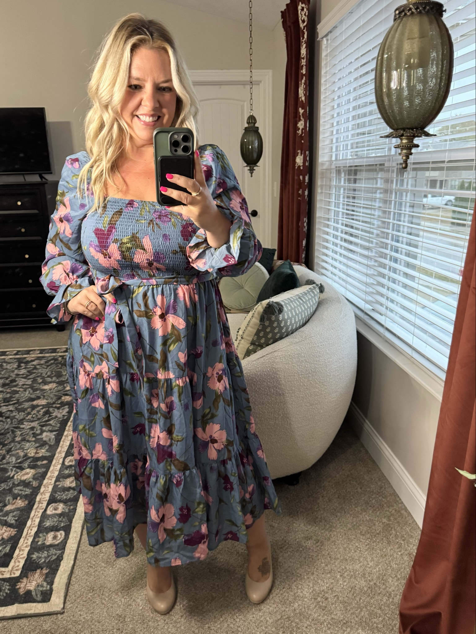 I love a long sleeve midi dress in the fall with ballet flats or booties! The top on this is smocked so you can easily wear it on or off the shoulder! True to size, wearing my usual lg.

#LTKMidsize #LTKFindsUnder50 #LTKPetite