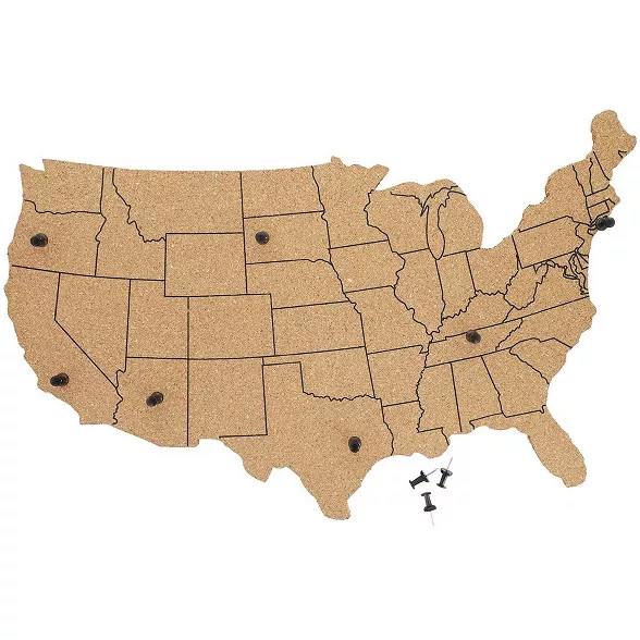 Cork USA Travel Map Message Bulletin Board for Wall Display with 10 Push Pins, 16 x 10 inches | Target