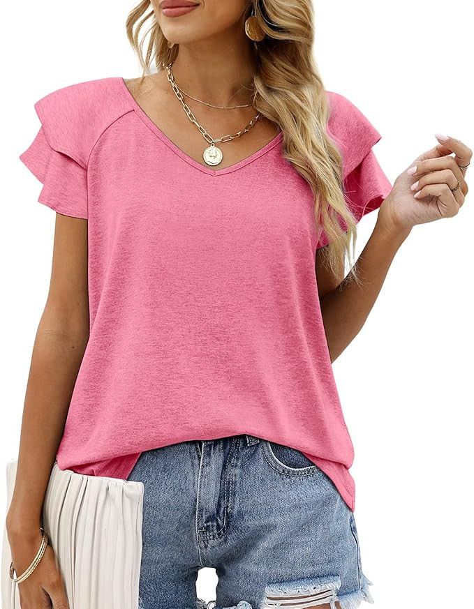 OFEEFAN Womens Summer Tops Ruffle Short Sleeve V Neck T-Shirts Casual Loose Fit | Amazon (US)
