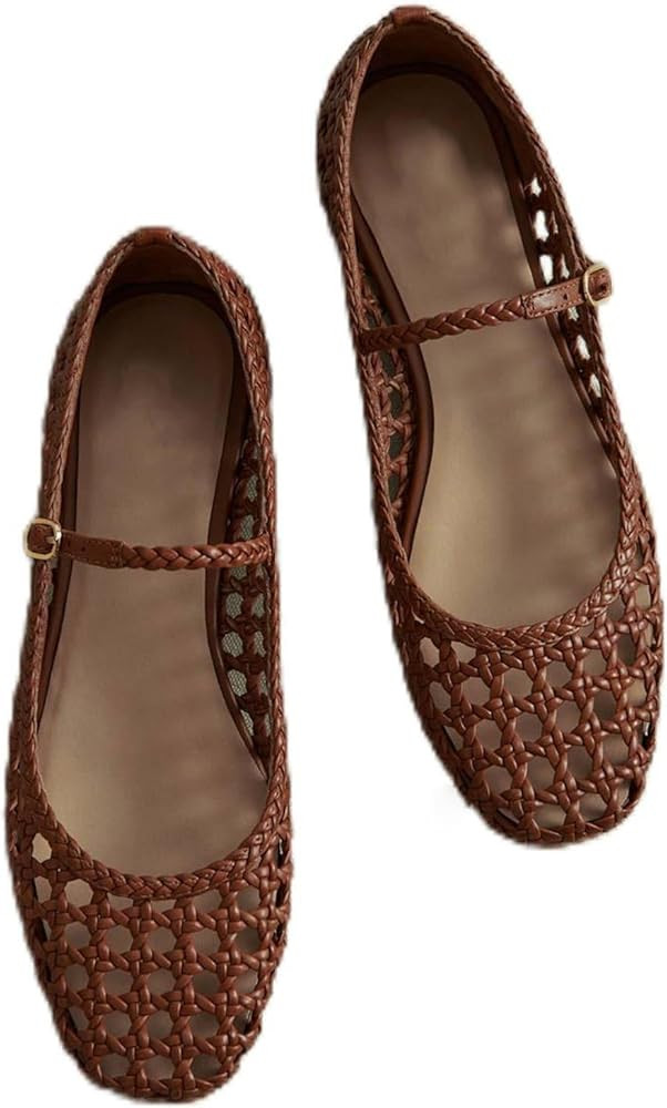 Woven Mesh Ballet Flats for Women Square Toe Mary Jane Flats Buckle Strap Flat Shoes Comfortable ... | Amazon (US)