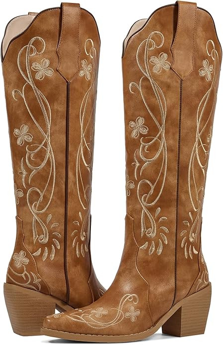 wetkiss Cowboy Boots for Women Knee High Cowgirl Boots, Western Boots with Floral Embroidered Poi... | Amazon (US)