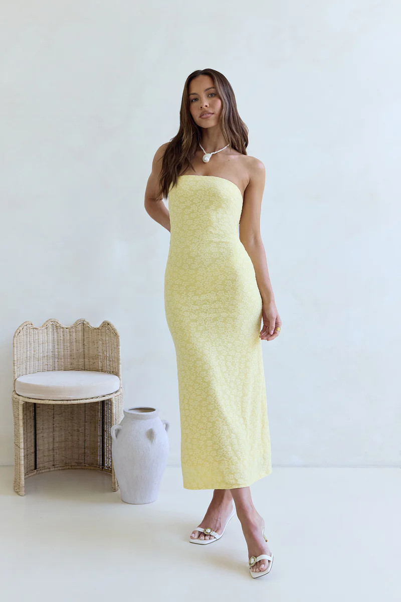 Fluttering Dreams Strapless Midi Dress Yellow | Fortunate One