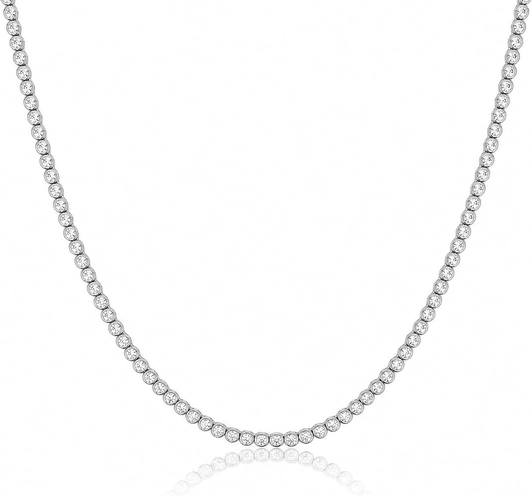 Bezel Tennis Necklaces for Women Men | 18K White/Yellow Gold Plated \uff5c3.0 mm Round Cubic Zirc... | Amazon (US)