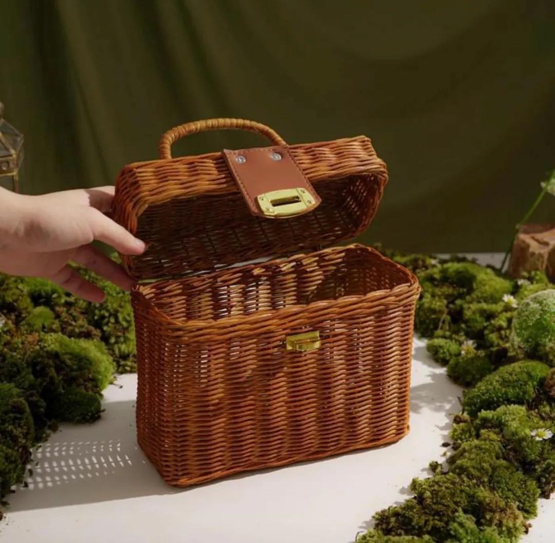 Vintage Handwoven Rattan Picnic Box Bag | Vintage Wicker Purse With Handle | Boho Straw Box Bag f... | Etsy (US)