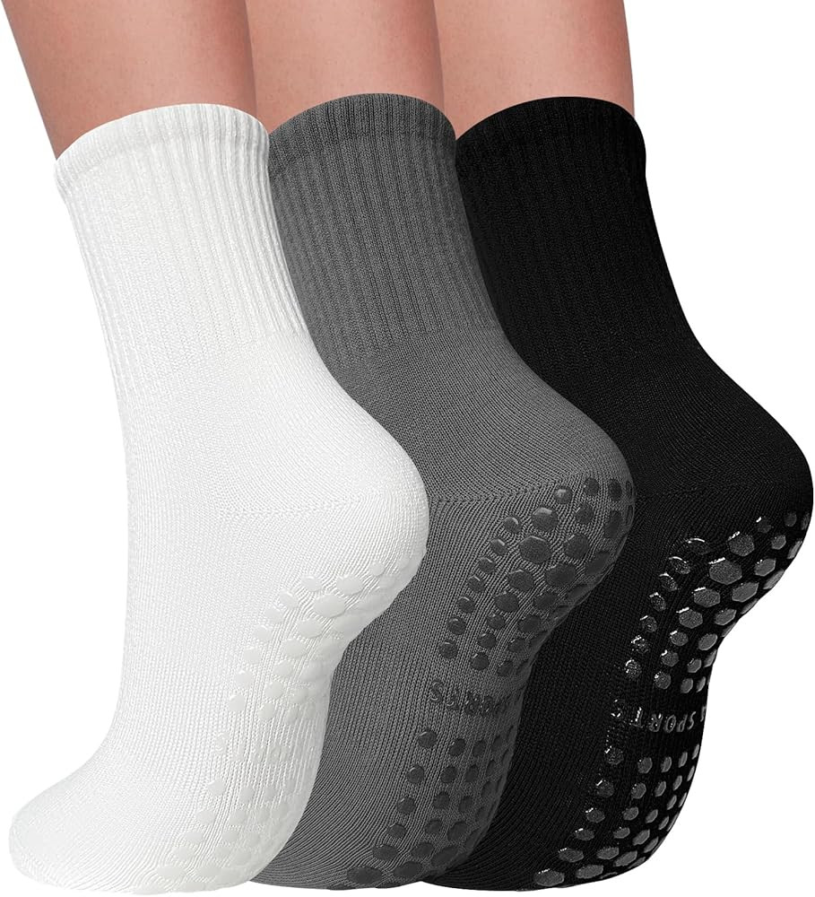 3 Pairs Pilates Socks with Grips for Women Non Slip Grip Socks for Yoga Barre Hospital Workout | Amazon (US)