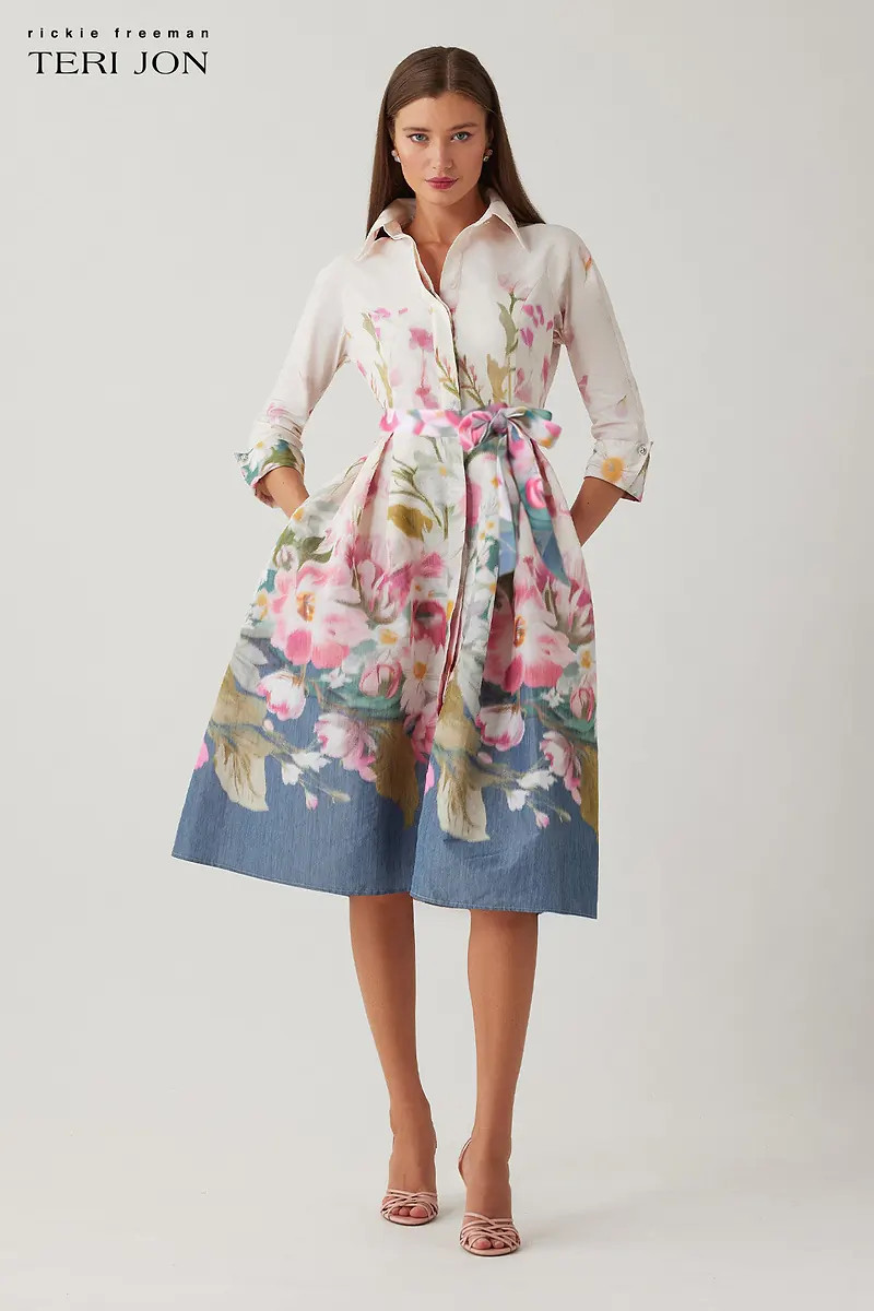 Taffeta Floral Print Shirt Waist Dress | TERI JON