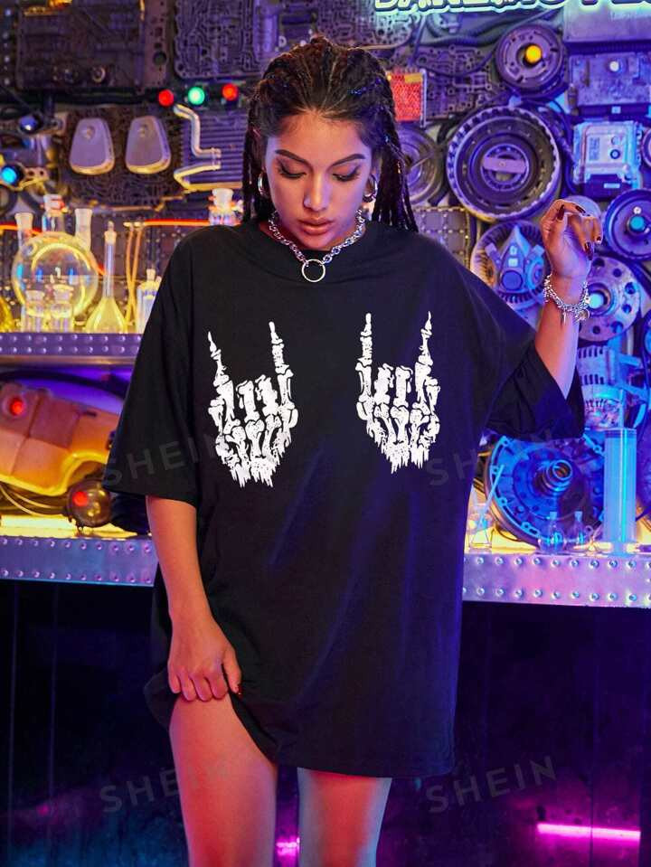 SHEIN Coolane Skeleton Hand Print Oversized Tee | SHEIN