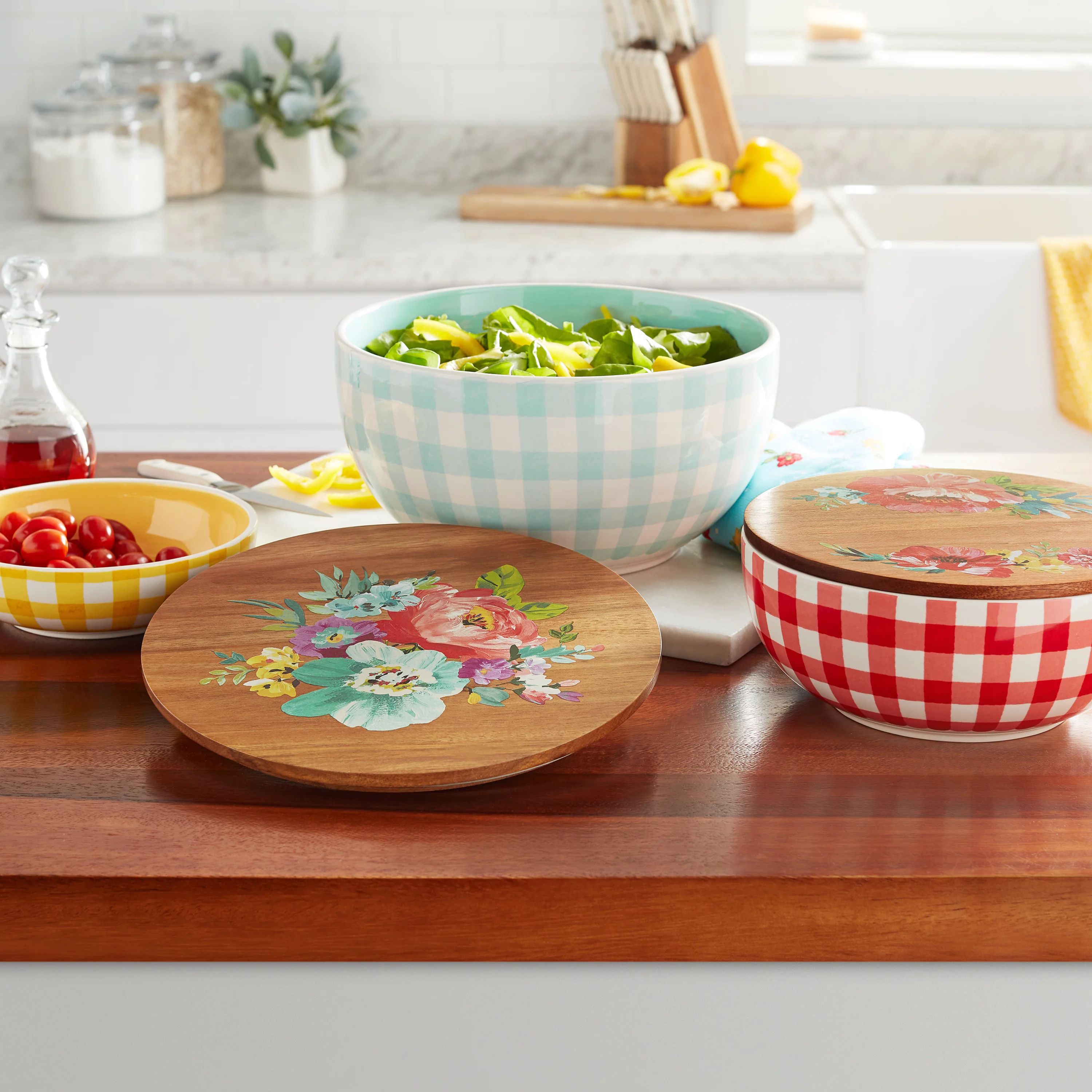 The Pioneer Woman 3-Piece Floral Check Ceramic Lidded Bowl Set | Walmart (US)