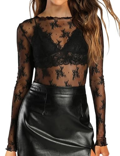 Women's Lace Mesh Top Long Sleeve Mock Neck Undershirt Sheer Blouse See Through Undershirt Party Layering Tops Black | Amazon (US)