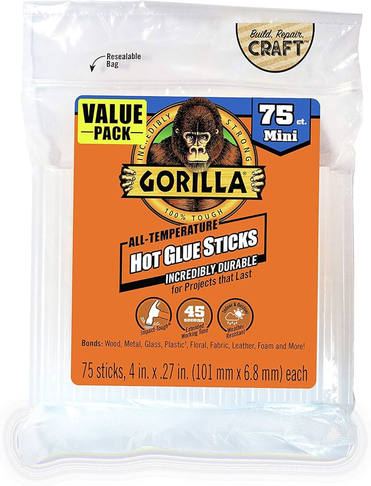 Gorilla Hot Glue Sticks, Mini Size, 4" Long x .27" Diameter, 75 Count, Clear, (Pack of 1) | Amazon (US)