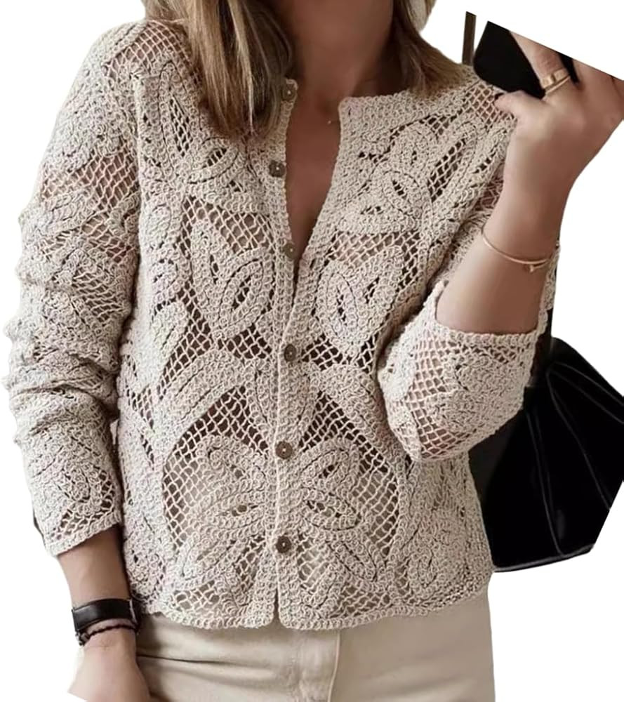 NIFTRIRY Women Crochet Tops Wood Button Up Sweater Cute Outfits Beach Vacation Clothes | Amazon (US)