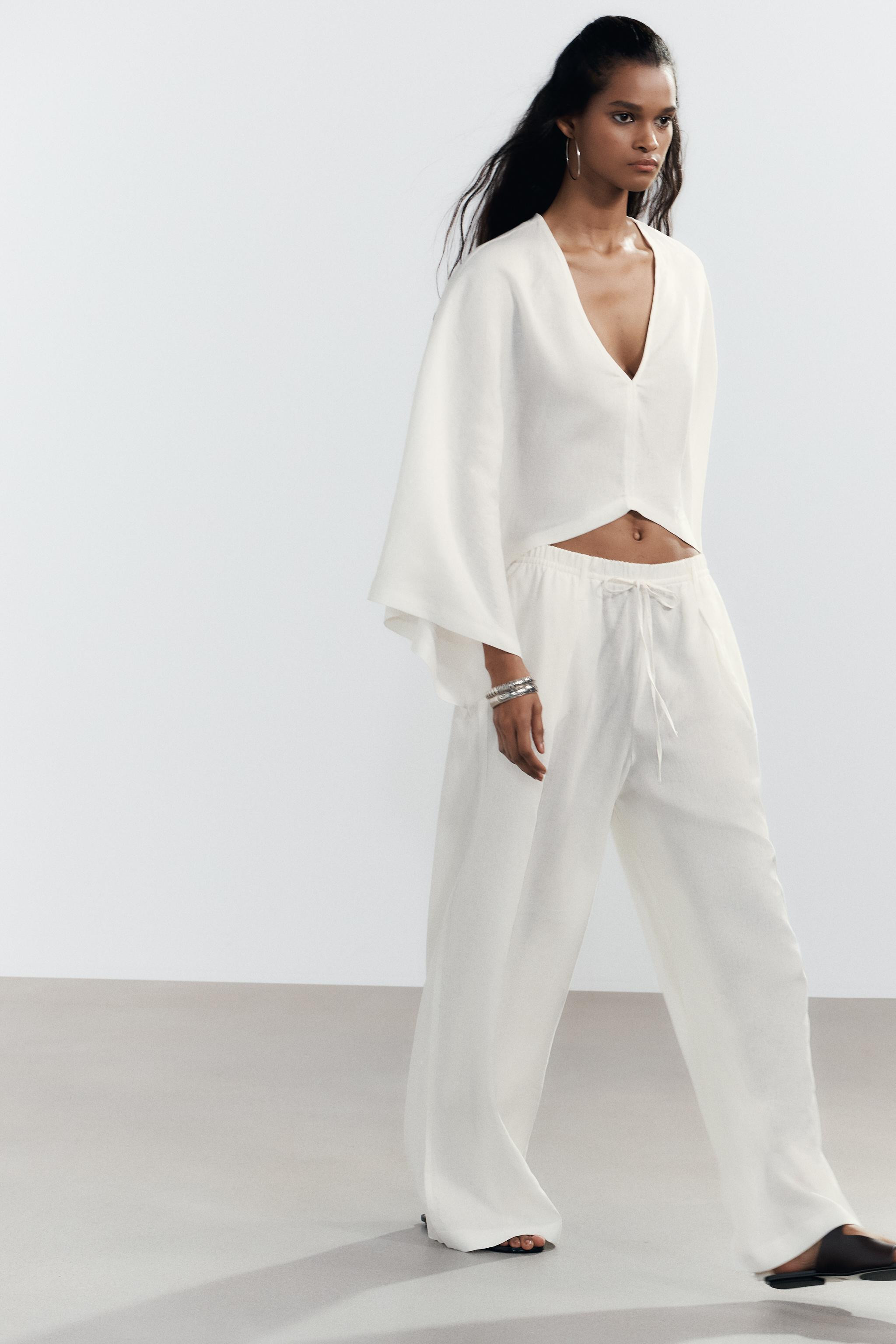 LINEN PALAZZO PANTS Oyster-white Bubble gum | Zara US