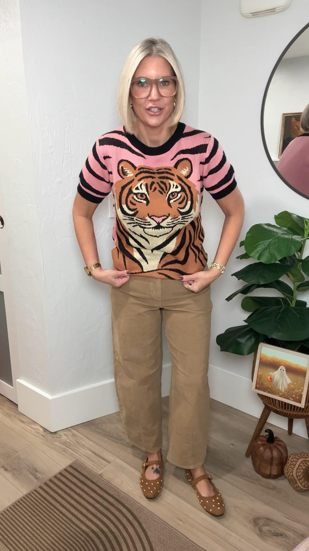 I hate to overuse this term. But I’m obsessed with this outfit! It’s giving retro vibes all day! 

This knit short sleeve sweater is from Oxknit found on Amazon. They have several different styles, tons of retro prints, and they even have two piece skirt & top sets. I’m wearing a medium and it fits tts. Although the tops are slightly larger as a whole. 

The corduroy barrel pants are from Target! They come in burgundy and cream as well. I’m wearing an 8 and they fit tts. I think they make such a fun fall pant!

My flats are from Target but they are sold out. I’ve definitely seen them in store though. 

#LTKOver40 #LTKStyleTip #LTKFindsUnder100

#LTKFindsUnder50 #LTKOver40 #LTKStyleTip