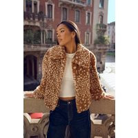 boohoo Women's Deer Print Faux Fur Collared Coat in Natural | Size: 4 | Plastic | boohoo (US & Canada)