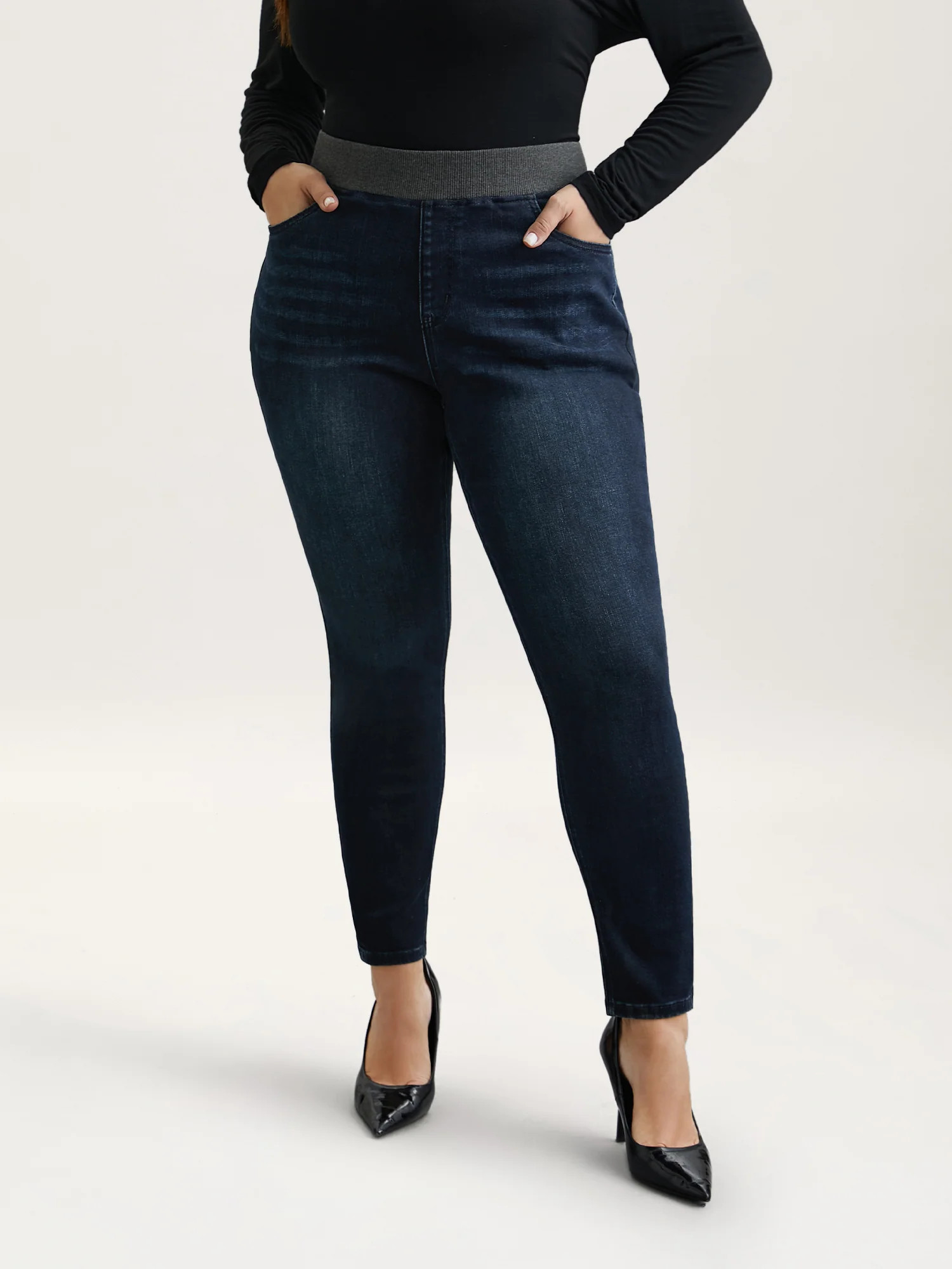 Stretchy Whiskered Waist Skinny Knit Jeans | Bloomchic
