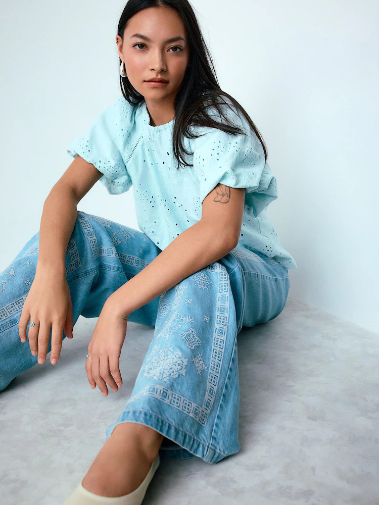 Buy Blue Broderie Volume Sleeve Tie Back Top from Next Ireland | Next EU