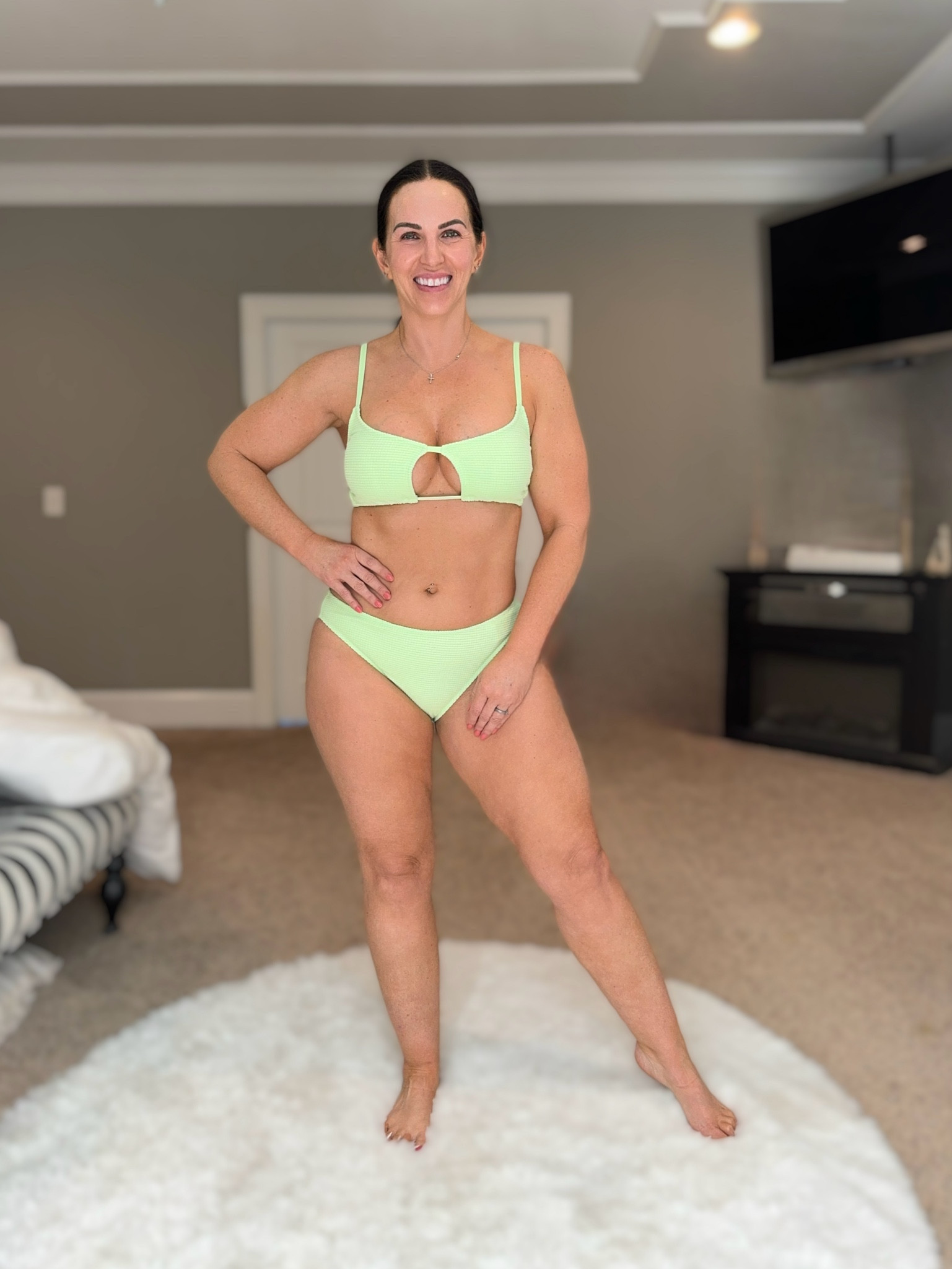 Textured suits are all the rage. These bikini separates feature a terry cloth, textured fabric in a beautiful spring green. Adjustable straps and moderate booty coverage. Wearing a Large but need to size up for a better fit. (jr sizing)

#LTKswim #LTKover40 #LTKmidsize