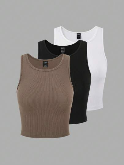 Qadelle 3pcs Women's Crop Tank Tops With Hem Stripe Design | SHEIN