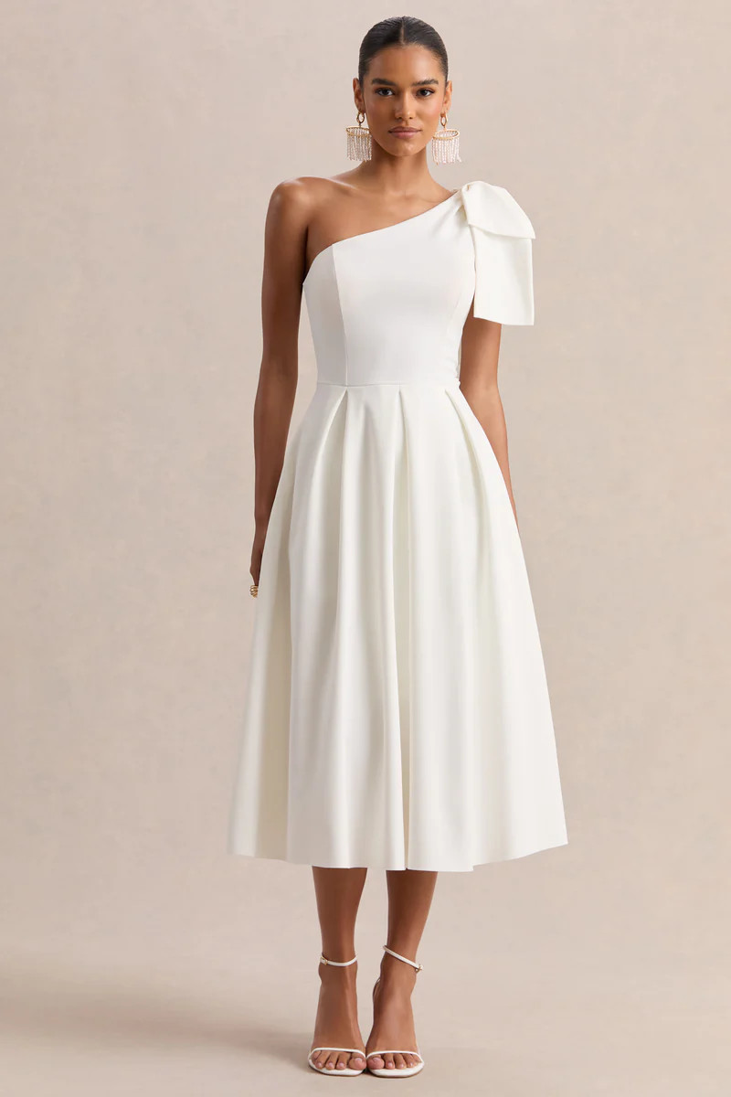 Meria  White Asymmetric-Neck Midi Dress With Bow-Sleeve | Club L London