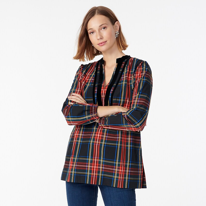 Velvet-trimmed V-neck tunic in black Stewart tartan | J. Crew US