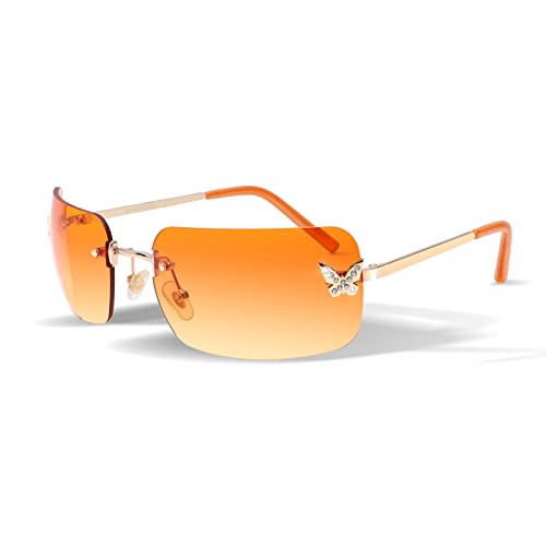 Rectangle Y2k Sunglasses for Women,Trendy Rimless Sunglasses Retro Square Vintage Shades (Orange Sunglasses) | Amazon (US)