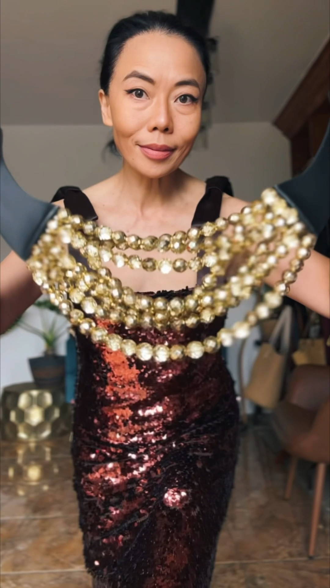 Holiday outfit formula: a sequined dress, a checked blazer, and statement earrings.

#LTKgrwm #LTKHoliday