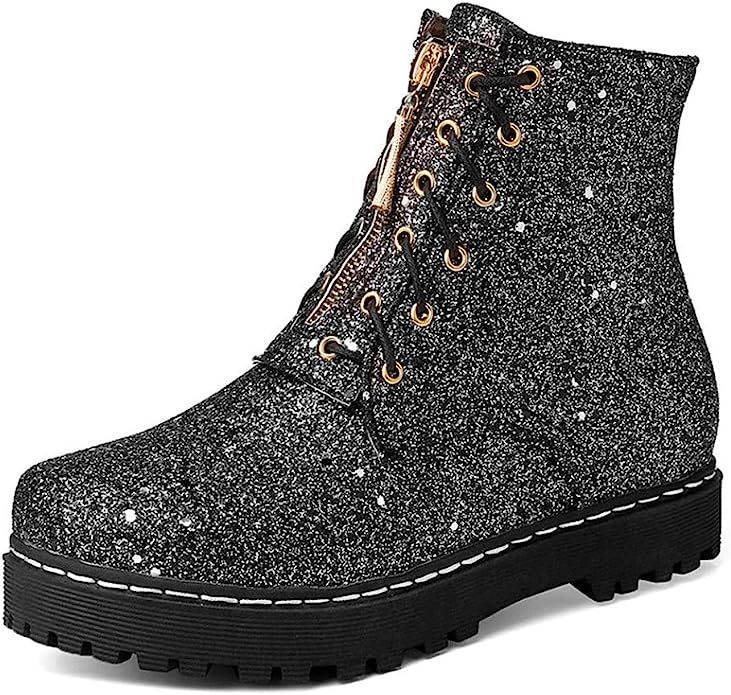 JOYBI Women Glitter Martin Boots Lace Up Bling Zipper Anti-Skid Comfy Sequin Platform Round Toe A... | Amazon (US)