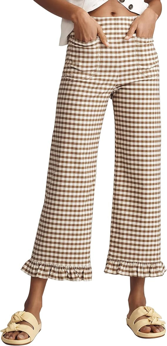 Women's Plaid Flare Pants Summer Casual Gingham Elastic Waist Ruffle Cropped Hem Y2K Loose Fit Tr... | Amazon (US)