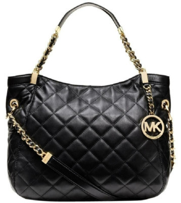 🌞MICHAEL KORS SUSANNAH BLACK QUILT LEATHER GOLD LOGO MEDIUM SHOULDER BAG🌺NWT! | eBay US