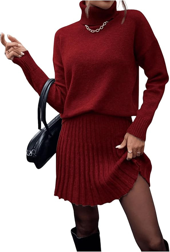 MakeMeChic Women's Sweater Skirt Sets 2 Piece Outfits Ribbed Knit Mock Neck Sweater Pullovers A L... | Amazon (US)