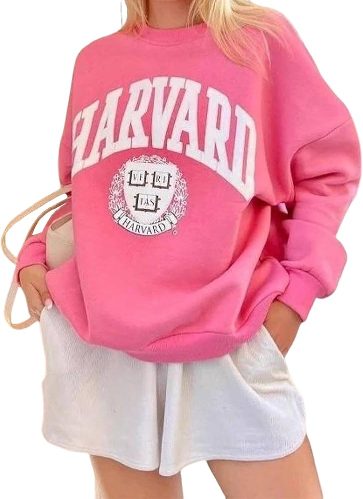 AIHUKOCY Women Harvard Letter Graphic Print Oversized Sweatshirt Crewneck Long Sleeve Drop Should... | Amazon (US)