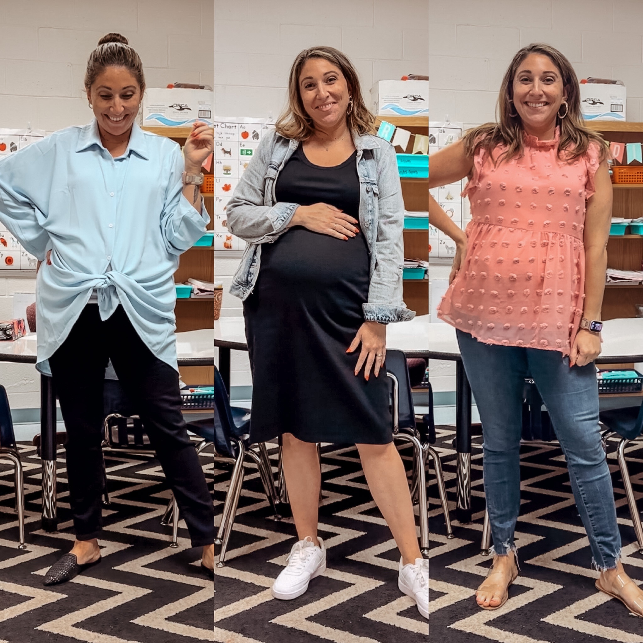 Teacher ootd - sizing from left to right 
Top L / jeans 14 (maternity) / dress XL / jacket L / top XL / jeans 15 (with belly band) / slide on shoes tts / sneakers half size down 

#LTKbump #LTKworkwear #LTKstyletip